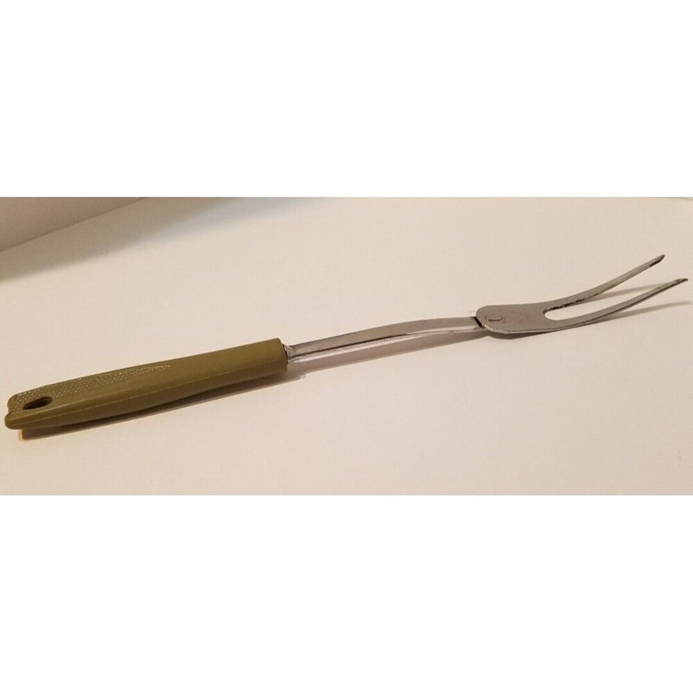 Vintage EKCO #2 Chromium Plate Solid Meat Utility Fork Avocado Green